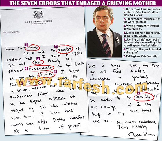 خطأ إملائي لبراون برسالة تعزية يثير موجة غضب صورة رقم 2 خطأ إملائي لبراون برسالة تعزية يثير موجة غضب صورة رقم 2