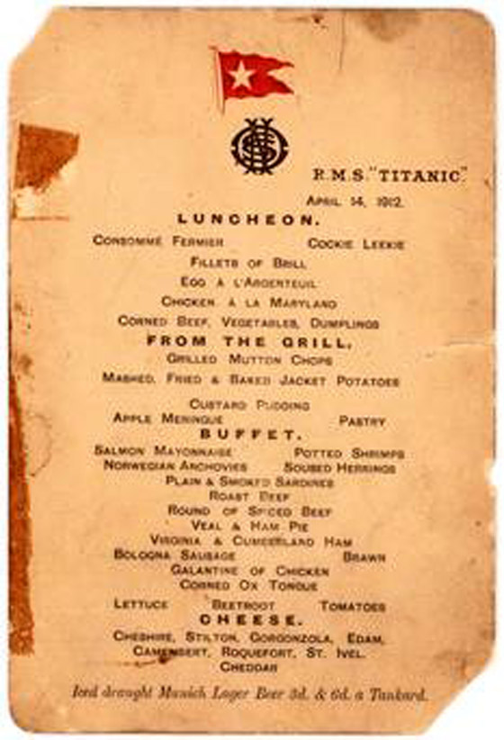  قائمة الغداء الأخير لركاب التايتانيك بـ88 الف دولار صورة رقم 1