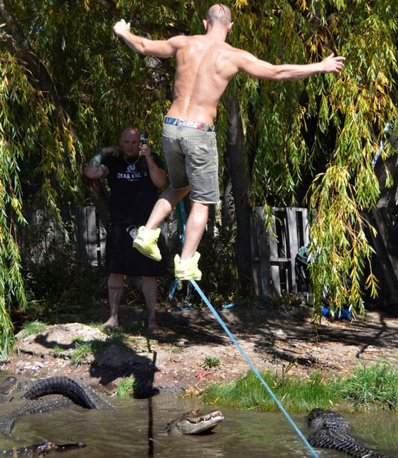 فيديو لمغامر امريكي جريء يمشي على حبل فوق نهر مليء بالتماسيح صورة رقم 1