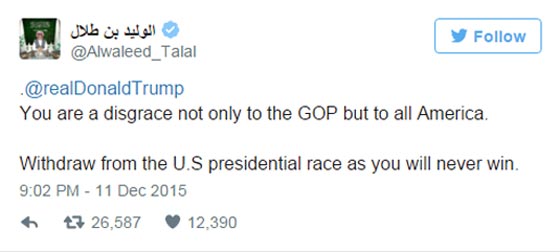 الوليد بن طلال يصف ترامب بانه عار على امريكا.. والاخير  يرد بشتيمة صورة رقم 1