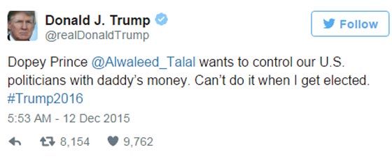 الوليد بن طلال يصف ترامب بانه عار على امريكا.. والاخير  يرد بشتيمة صورة رقم 2