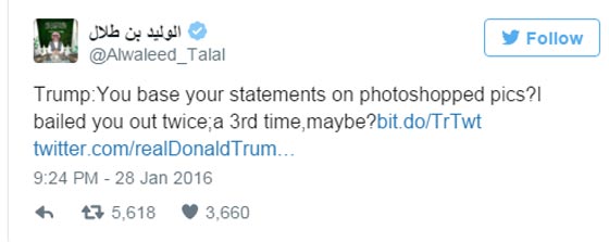 بسبب صورة مفبركة.. الوليد بن طلال لن ينقذ ترامب من الافلاس صورة رقم 2
