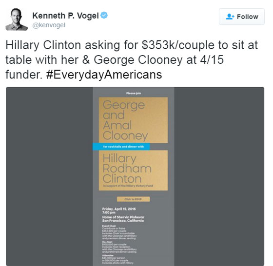 عشاء انتخابي في حضرة كلينتون وعائلة كلوني يكلف 350 الف دولار صورة رقم 1