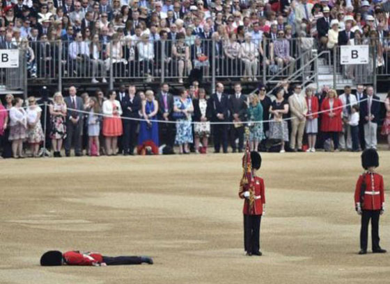  صور حارس ملكي بريطاني ينهار اثناء استعراض بسبب قبعته صورة رقم 2