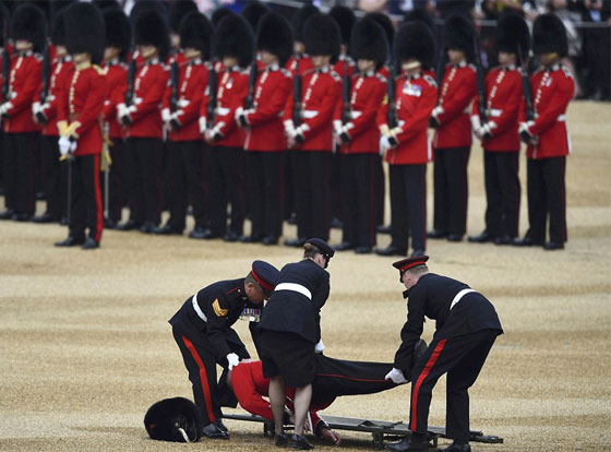  صور حارس ملكي بريطاني ينهار اثناء استعراض بسبب قبعته صورة رقم 4