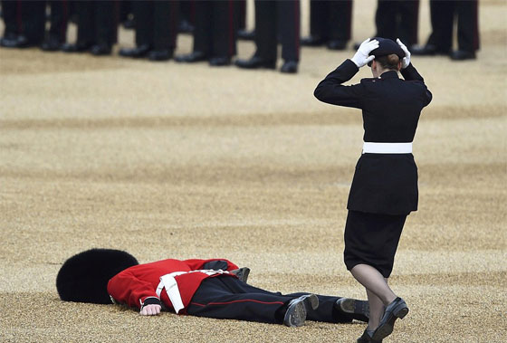  صور حارس ملكي بريطاني ينهار اثناء استعراض بسبب قبعته صورة رقم 3