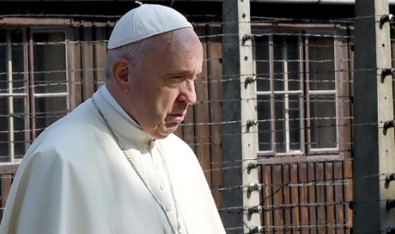 البابا يصلي بصمت تام ويحني هامته في معسكر الاعتقال النازي أوشفيتس  صورة رقم 3