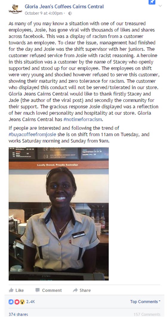   مقهى استرالي يرفض عنصرية زبون ضد موظفة سوداء ويقوم بترقيتها! صورة رقم 3