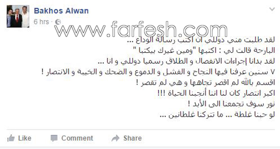 باخوس علوان يعلن انفصاله عن دوللي شاهين ويكتب رسالة الوداع صورة رقم 1