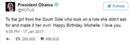 قبل مغادرة البيت الأبيض.. اوباما يهنئ زوجته بعيد ميلادها ويعبر لها عن حبه صورة رقم 1