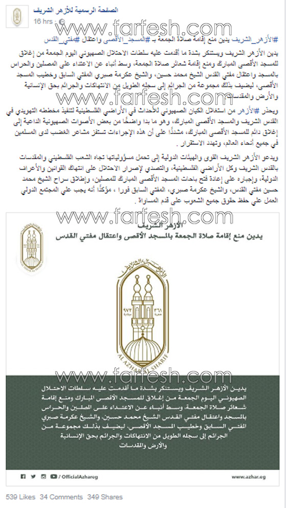 الازهر يحذر اسرائيل من غضب اسلامي اذا استمر اغلاق الاقصى صورة رقم 1