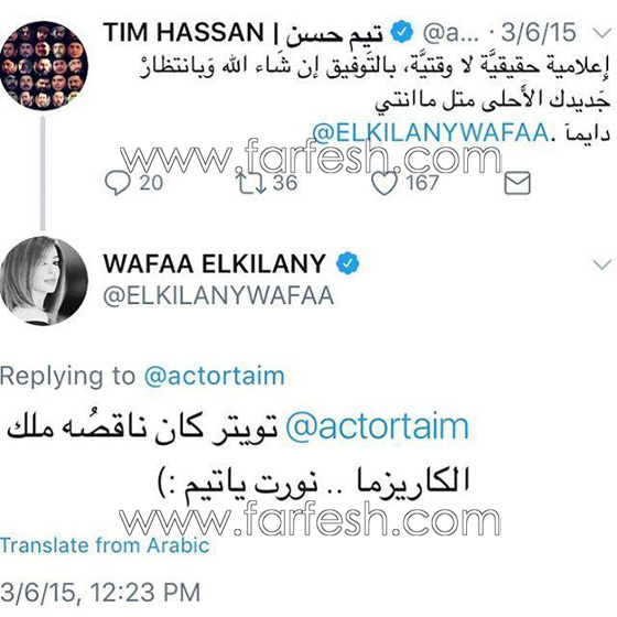 أول تغريدة أرسلتها وفاء الكيلاني الى تيم حسن تفضح اعجابها به منذ فترة  صورة رقم 1