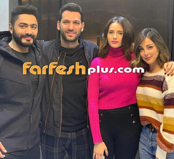  صور تامر حسني وبسمة بوسيل يستقبلان في منزلهما مراد يلدريم وإيمان الباني صورة رقم 3