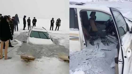 بالفيديو..  نزهة عائلية بالسيارة فوق نهر متجمد تنتهي بكارثة!  صورة رقم 1