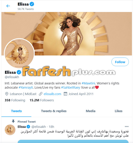 بين العمالقة العالميين.. إليسا العربية الوحيدة بقائمة أكتر المؤثرين بتويتر صورة رقم 3