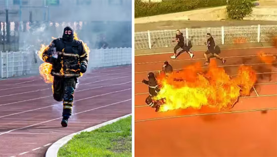ركض 100 متر والنار تشتعل بجسده! عداء يحطم رقم قياسي بأغرب سباق بالعالم صورة رقم 6