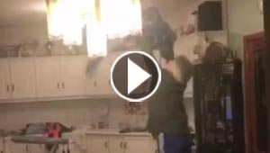 فيديو طريف.. أب يحاول الإمساك بخفاش يحلق داخل المطبخ والأم مختبئة تراقب من بعيد!